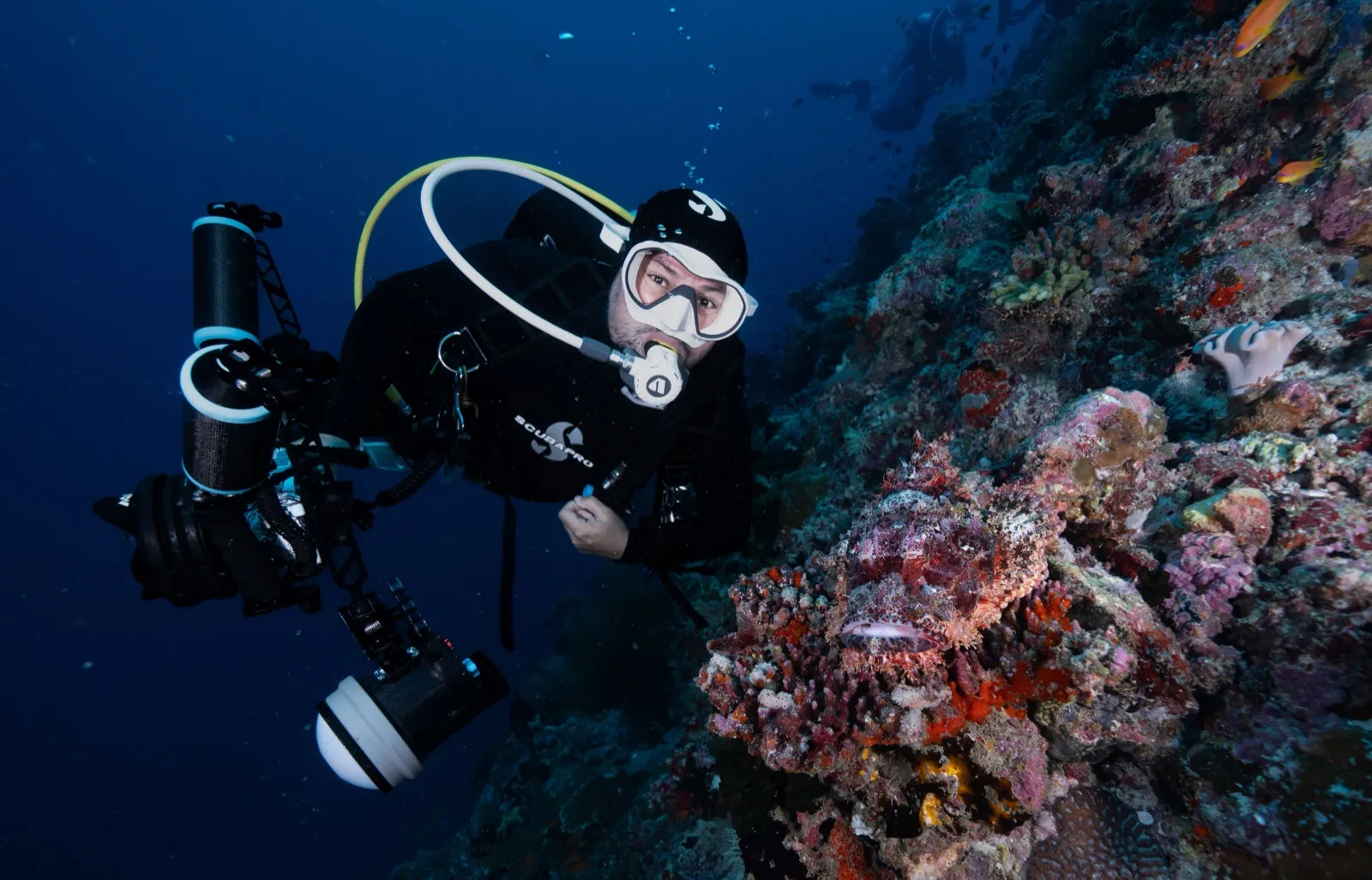 Un fotógrafo submarino con su cámara y estrobo junto a un pez escorpión camuflado en la pared de coral