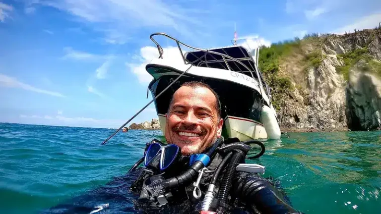 hombre en equipo de buceo flotando en el agua